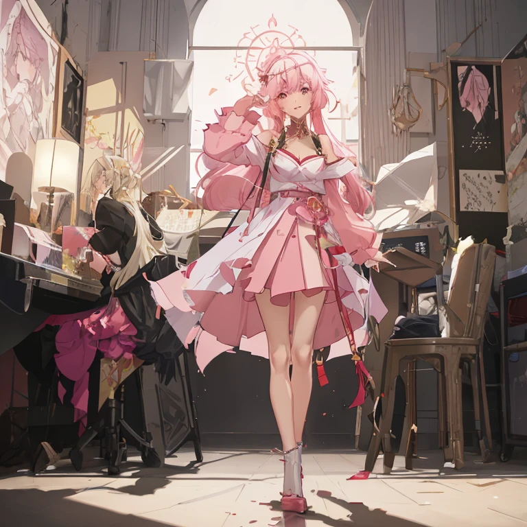 anime girl in pink dress standing in a room with a painting, cute anime waifu in a nice dress, cushart krenz key art feminine, official character art, official anime artwork, official art, guweiz on pixiv artstation, trending on artstation pixiv, artwork in the style of guweiz, guweiz on artstation pixiv