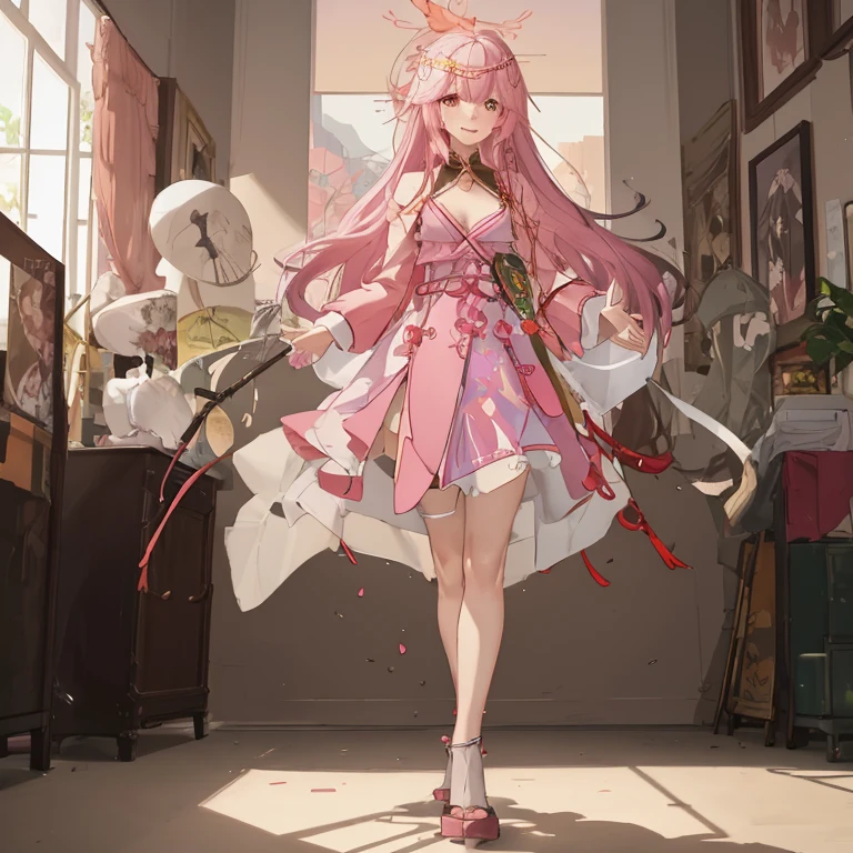 anime girl in pink dress standing in a room with a painting, cute anime waifu in a nice dress, cushart krenz key art feminine, official character art, official anime artwork, official art, guweiz on pixiv artstation, trending on artstation pixiv, artwork in the style of guweiz, guweiz on artstation pixiv