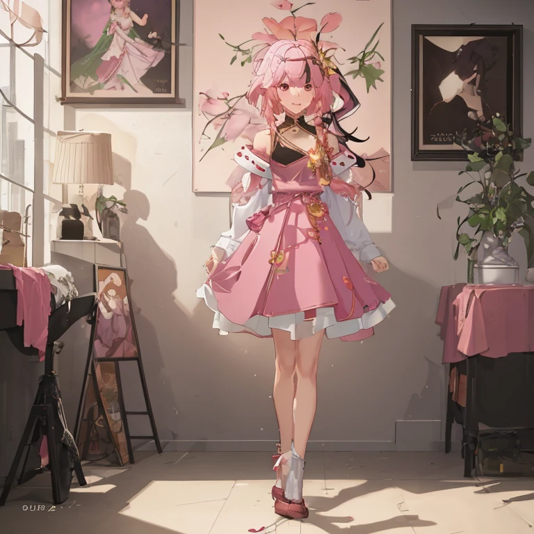 anime girl in pink dress standing in a room with a painting, cute anime waifu in a nice dress, cushart krenz key art feminine, official character art, official anime artwork, official art, guweiz on pixiv artstation, trending on artstation pixiv, artwork in the style of guweiz, guweiz on artstation pixiv