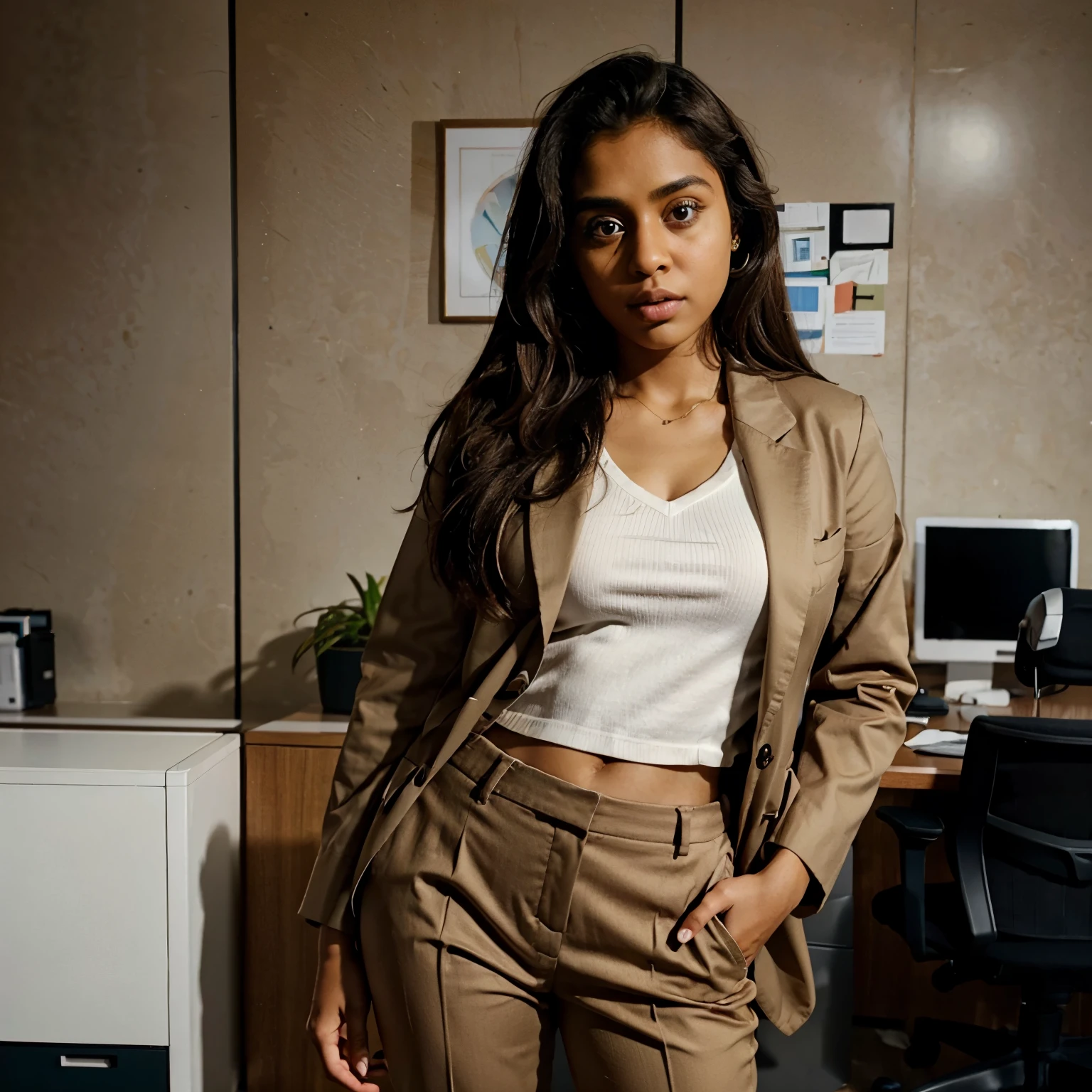 beautiful mature Indian 25 year old girl wearing an office suit outfit, inside a office setting, photorealistic, photo, masterpiece, realistic, realism, photorealism, high contrast, photorealistic digital art trending on Artstation 8k HD high definition detailed realistic, detailed, skin texture, hyper detailed, realistic skin texture, armature, best quality, ultra high res, (photorealistic:1.4), high resolution, detailed, f1.6 lens rich colors hyper realistic lifelike texture dramatic lighting unrealengine.