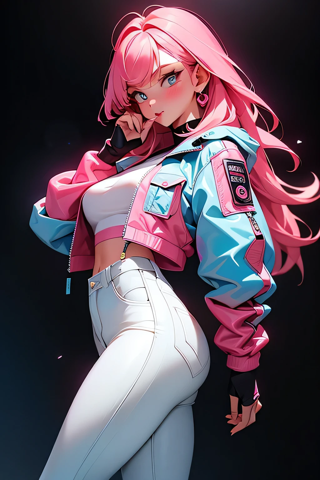 cyberpunk female woman wearing (Rose Quartz Pink Denim Jacket with chromatic accents:1.1), sleek full bodysuit, (Petal Blush,Lagoon Blue color background:1.3),