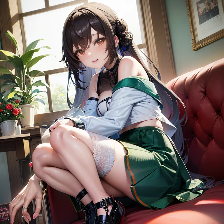 anime girl sitting on a red couch with her legs crossed, smooth anime cg art, beautiful anime high school girl, anime visual of a cute girl, anime moe artstyle, beautiful anime girl squatting, the anime girl is crouching, a hyperrealistic , young anime girl, seductive anime girl, fine details. girls frontline, kantai collection style