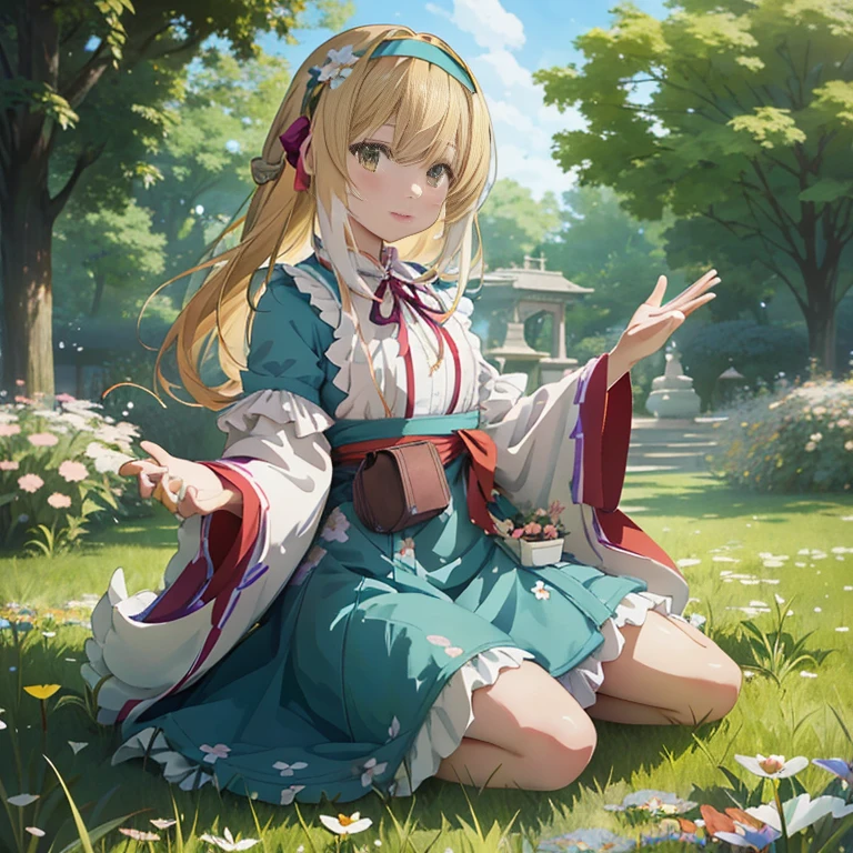 anime girl sitting on the ground in a garden with flowers, cute anime waifu in a nice dress, cushart krenz key art feminine, ayaka genshin impact, beautiful maiden, rin,  in dress, official artwork, marin kitagawa fanart, splash art anime , keqing from genshin impact, small curvy , beautiful anime girl