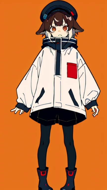 (masterpiece, Best quality) ,whole body,10 years old boy, shorts, closed raincoat with long sleeves and earflaps, hat with down dog ears, bored expression, brown fluffy thick hair, Bright eyes , (One), standing, (masterpiece), ((Best quality)), (ultra detailed), detailed information, flat colors, Colorful, (1other:1.1), Tachi-e, no designs on clothes, rubber boots, black tights, wrapped up