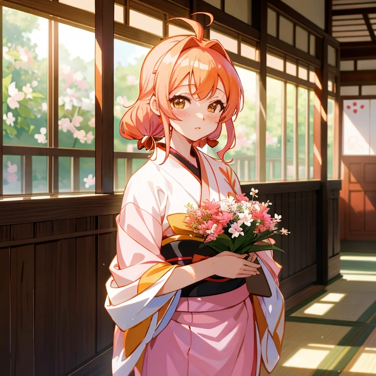 anime girl in kimono outfit holding a bouquet of flowers, haruno sakura, yayoi kasuma, guweiz, anime visual of a cute girl, hints of yayoi kasuma, official art, inspired by Nishikawa Sukenobu, artwork in the style of guweiz, sakimi chan, illustrious makinami, rin, shikamimi