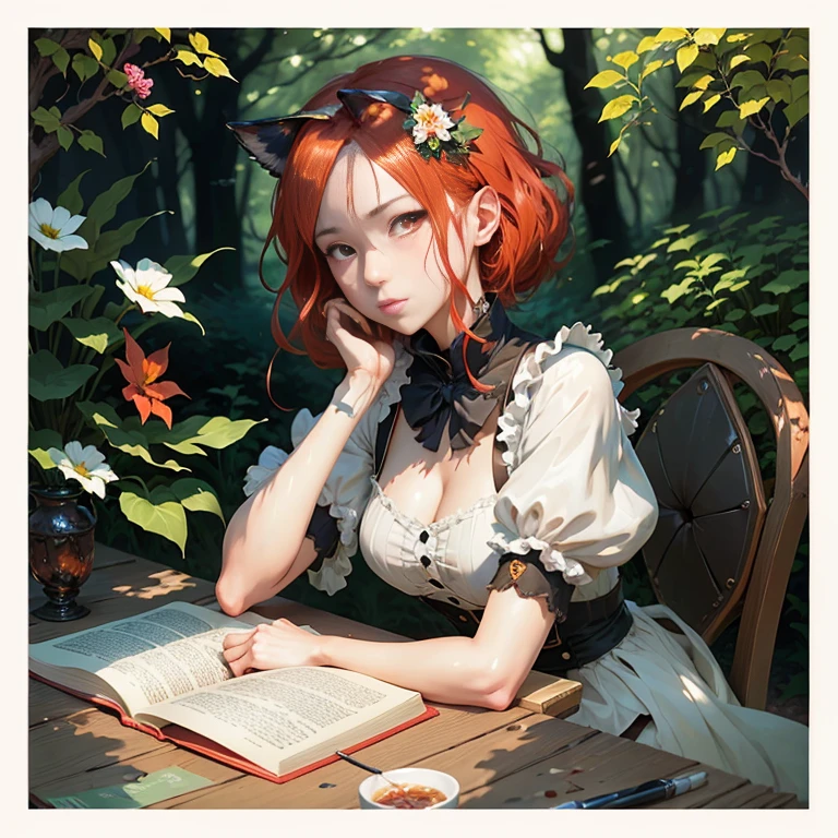 anime girl with red hair sitting at a table with a book, rin, official artwork, official art, guweiz on pixiv artstation, a maid in a magical forest, cushart krenz key art feminine, ( ( ( yoshinari yoh ) ) ), trending on artstation pixiv, from arknights, official character art, pixiv style