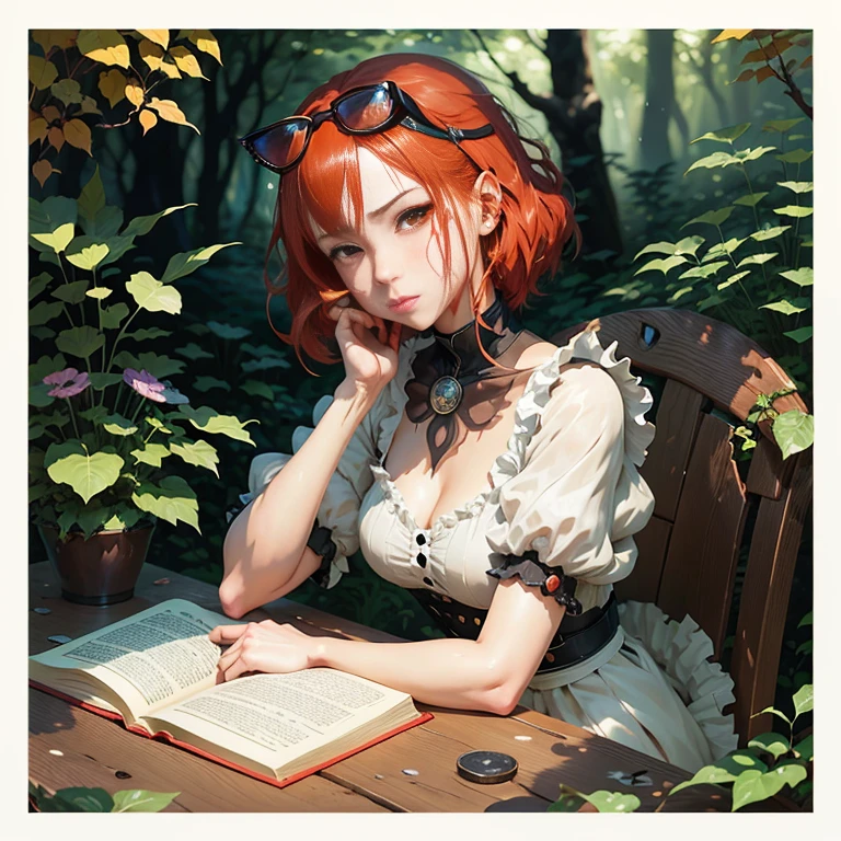 anime girl with red hair sitting at a table with a book, rin, official artwork, official art, guweiz on pixiv artstation, a maid in a magical forest, cushart krenz key art feminine, ( ( ( yoshinari yoh ) ) ), trending on artstation pixiv, from arknights, official character art, pixiv style