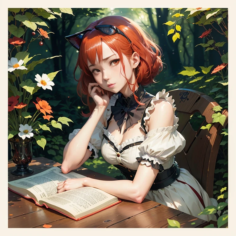 anime girl with red hair sitting at a table with a book, rin, official artwork, official art, guweiz on pixiv artstation, a maid in a magical forest, cushart krenz key art feminine, ( ( ( yoshinari yoh ) ) ), trending on artstation pixiv, from arknights, official character art, pixiv style