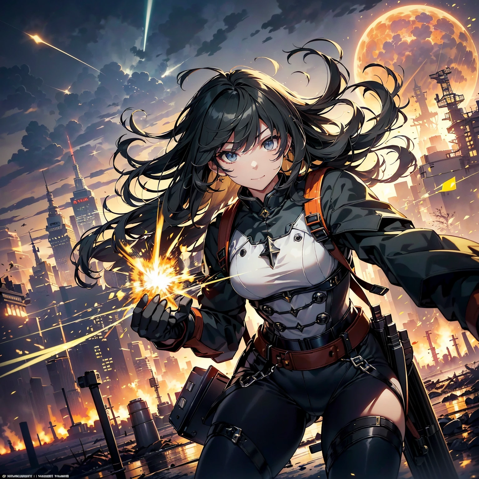 (highest quality,T Masterpiece,final solution,whole body):(24 year old female fighter,Slender、small face、Black Super Short Hair、Shiny black tight combat uniform,Glossy tight suit,dynamic angle、dynamic action、(dynamic pose:1.2)、normal posture,normal posture、Gentle smile、Backpack)、(Time Machine、Computer、skyscraper gun、weapons of the future、(Backpack:1.1)、Real World、Plankton rattle field、volumetric fog、gray fog、cigarette、 explosion、apocalyptic、destroyed city background、burning building:1.3、splash of water、starry ski、huge moon、Earth、destroyed giant robot、radio tower、airplane flying overhead、shooting star rocket truck、broken car、derailed train、tank、giant weapon、electronic equipment、Luminous mechanism、strong wind、bao phan、thunder)