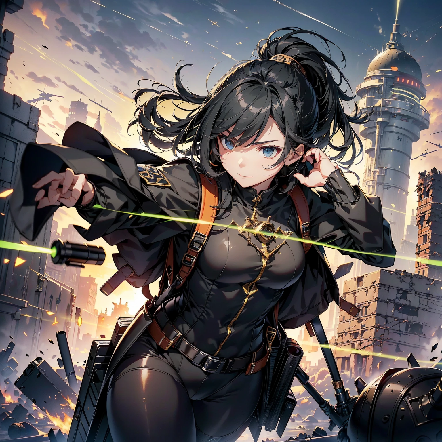 (highest quality,T Masterpiece,final solution,whole body):(24 year old female fighter,Slender、small face、Black Super Short Hair、Shiny black tight combat uniform,Glossy tight suit,dynamic angle、dynamic action、(dynamic pose:1.2)、normal posture,normal posture、Gentle smile、Backpack)、(Time Machine、Computer、skyscraper gun、weapons of the future、(Backpack:1.1)、Real World、Plankton rattle field、volumetric fog、gray fog、cigarette、 explosion、apocalyptic、destroyed city background、burning building:1.3、splash of water、starry ski、huge moon、Earth、destroyed giant robot、radio tower、airplane flying overhead、shooting star rocket truck、broken car、derailed train、tank、giant weapon、electronic equipment、Luminous mechanism、strong wind、bao phan、thunder)