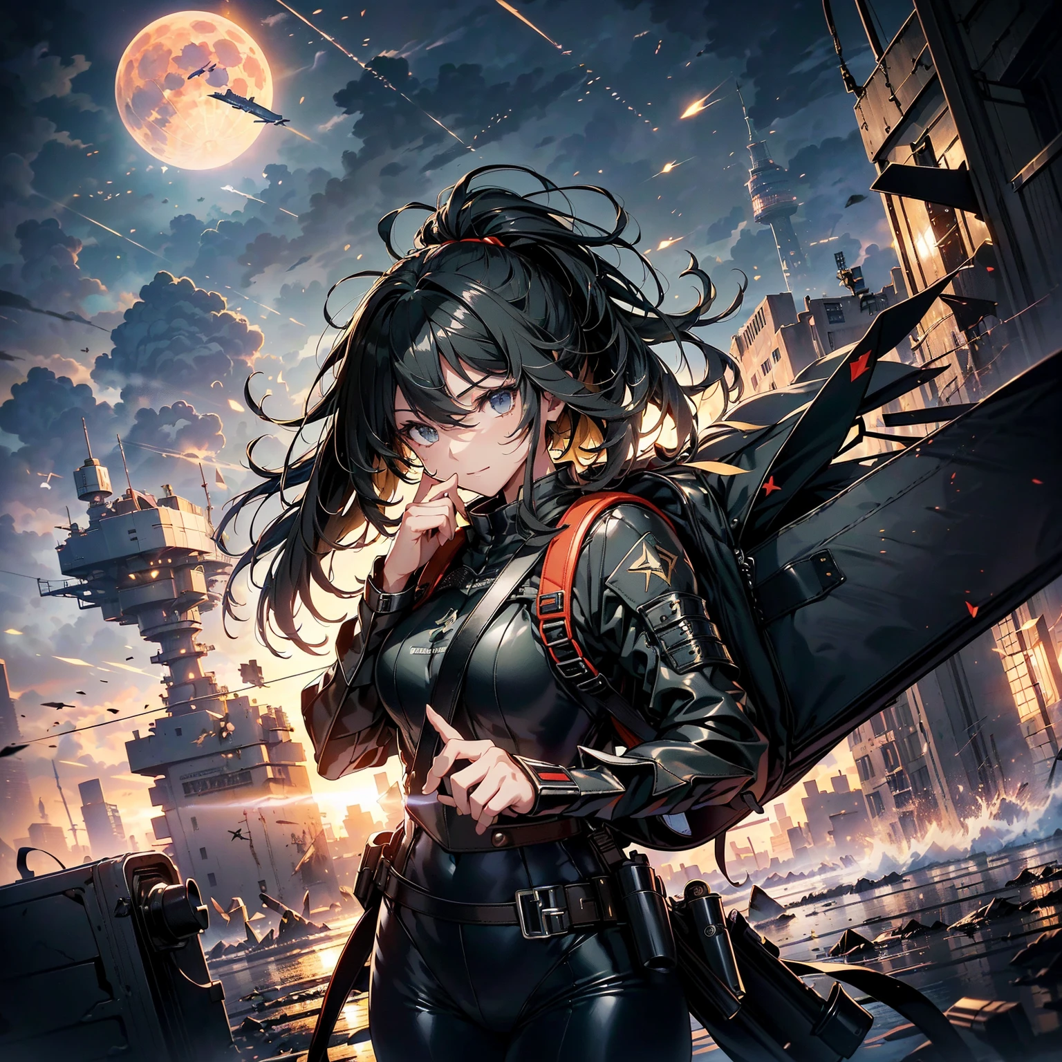 (highest quality,T Masterpiece,final solution,whole body):(24 year old female fighter,Slender、small face、Black Super Short Hair、Shiny black tight combat uniform,Glossy tight suit,dynamic angle、dynamic action、(dynamic pose:1.2)、normal posture,normal posture、Gentle smile、Backpack)、(Time Machine、Computer、skyscraper gun、weapons of the future、(Backpack:1.1)、Real World、Plankton rattle field、volumetric fog、gray fog、cigarette、 explosion、apocalyptic、destroyed city background、burning building:1.3、splash of water、starry ski、huge moon、Earth、destroyed giant robot、radio tower、airplane flying overhead、shooting star rocket truck、broken car、derailed train、tank、giant weapon、electronic equipment、Luminous mechanism、strong wind、bao phan、thunder)