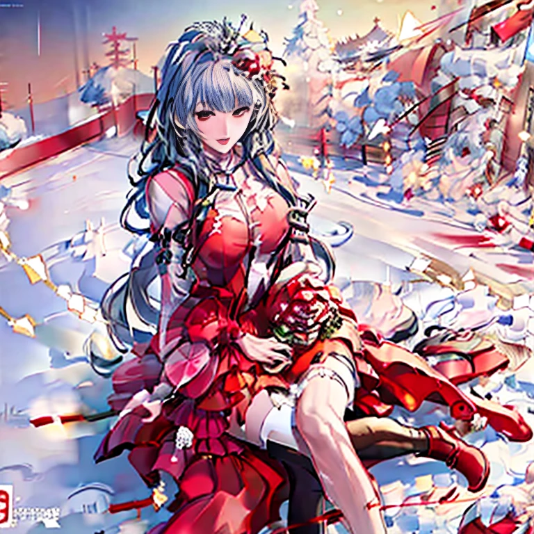 anime girl in santa outfit sitting in the snow with a bouquet of flowers, rin tohsaka, in the snow, sakimi chan, beautiful anime girl, official artwork, with frozen flowers around her, in snow, by Kamagurka, marin kitagawa fanart, anime visual of a cute girl, guweiz on pixiv artstation, cute anime girl