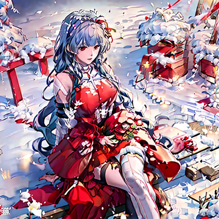 anime girl in santa outfit sitting in the snow with a bouquet of flowers, rin tohsaka, in the snow, sakimi chan, beautiful anime girl, official artwork, with frozen flowers around her, in snow, by Kamagurka, marin kitagawa fanart, anime visual of a cute girl, guweiz on pixiv artstation, cute anime girl