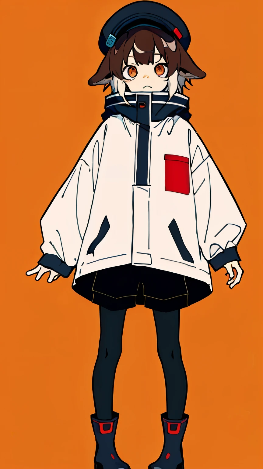 (masterpiece, Best quality) ,whole body, boy, shorts, closed raincoat with long sleeves and earflaps, hat with down dog ears, bored expression, brown fluffy thick hair, Bright eyes , (One), standing, (masterpiece), ((Best quality)), (ultra detailed), detailed information, flat colors, Colorful, (1other:1.1), Tachi-e, no designs on clothes, rubber boots, black tights, wrapped up