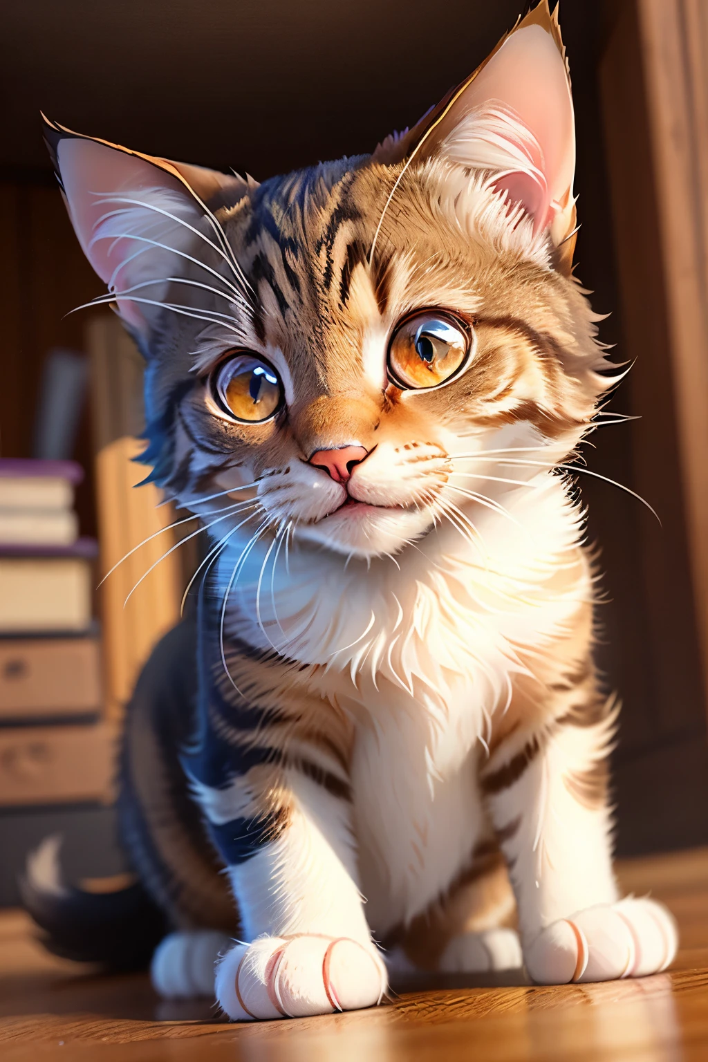 Title: "The Curious Adventures of Whiskers the Cute Cat"
Description:
Witness the captivating world of Whiskers, a charming feline with an irresistible allure. At the heart of this illustration lies a cute cat, clad in playful innocence, showcasing big, expressive eyes that seem to tell a thousand tales. With a soft, glossy coat of fur that invites touch, his ear tips twitch in anticipation and curiosity, as his white paws gripped tightly around a tiny, red ball. Delighted by the thrill of discovery, Whiskers stands gracefully on his hind legs, peering intently into