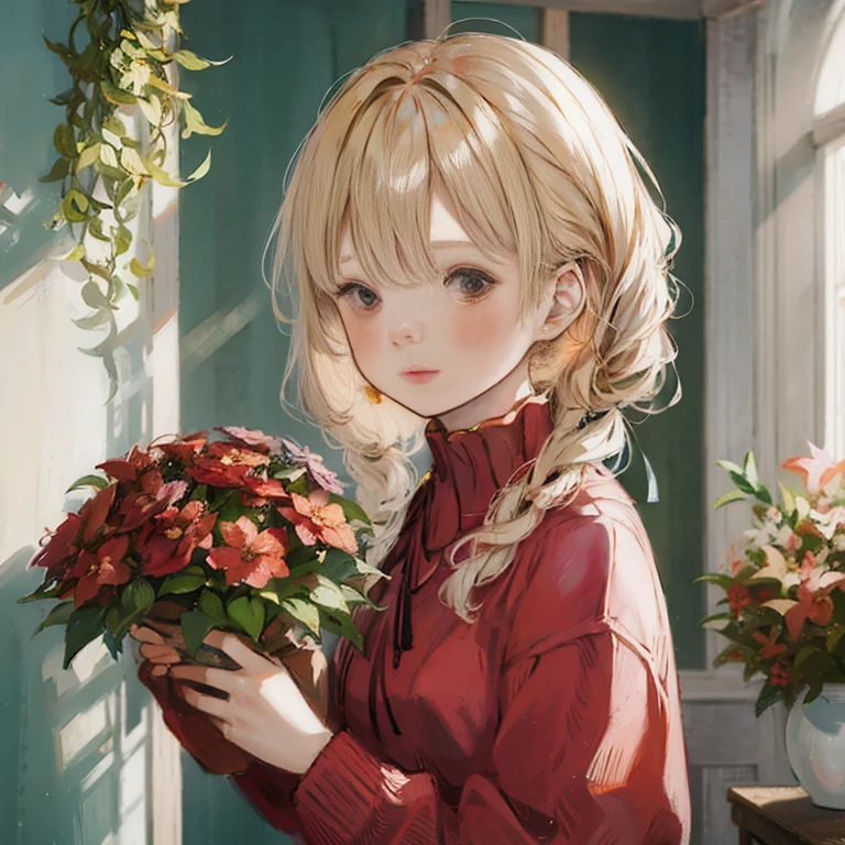 anime girl holding a bouquet of flowers in front of a window, 🍁 cute, beautiful anime portrait, anime visual of a cute girl, with flowers, anime style portrait, cute portrait, cute anime girl portrait, high quality portrait, kawaii realistic portrait, cute anime girl, holding flowers, made with anime painter studio, painted in anime painter studio, realistic anime artstyle