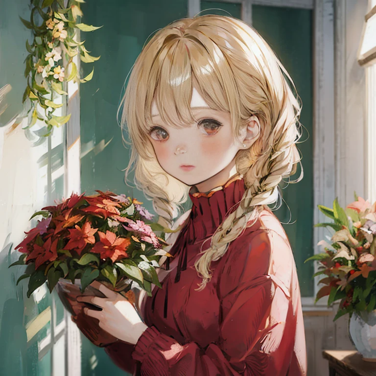 anime girl holding a bouquet of flowers in front of a window, 🍁 cute, beautiful anime portrait, anime visual of a cute girl, with flowers, anime style portrait, cute portrait, cute anime girl portrait, high quality portrait, kawaii realistic portrait, cute anime girl, holding flowers, made with anime painter studio, painted in anime painter studio, realistic anime artstyle