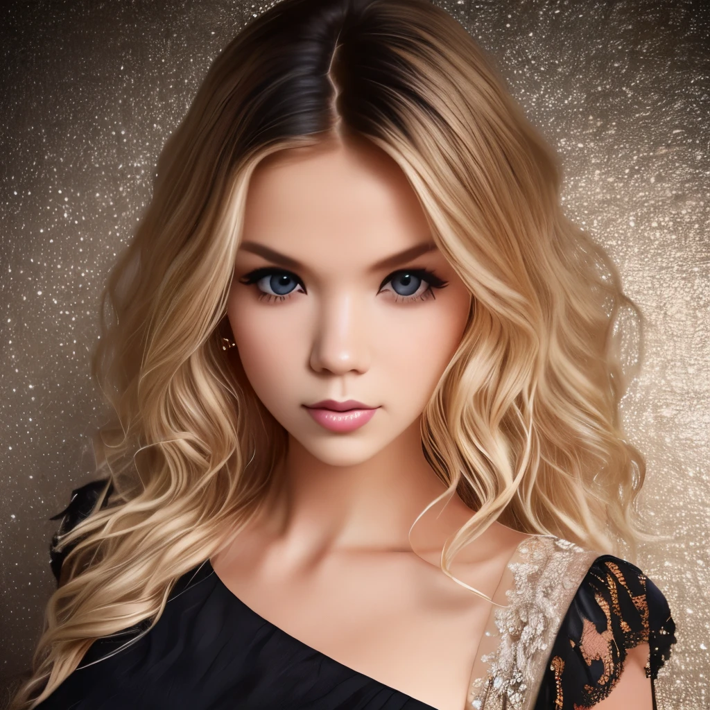 1girl, Photo of 21 year old girl, (blond hair with extra long wavy), ((portrait)), (Detailed face: 1.2)), (Detailed facial features)), (Fine skin), pale skin, high detail and deep cleavage, slim body, (cold color), reflection, (masterpiece) (Perfect proportions) (realistic photos) (highest quality), shot with Canon EOS R5, 50mm lens, f/2.8, HDR, (8k) (wallpaper) (movie lighting) (dramatic lighting) (sharp focus) (complex), (short black flared dress), 