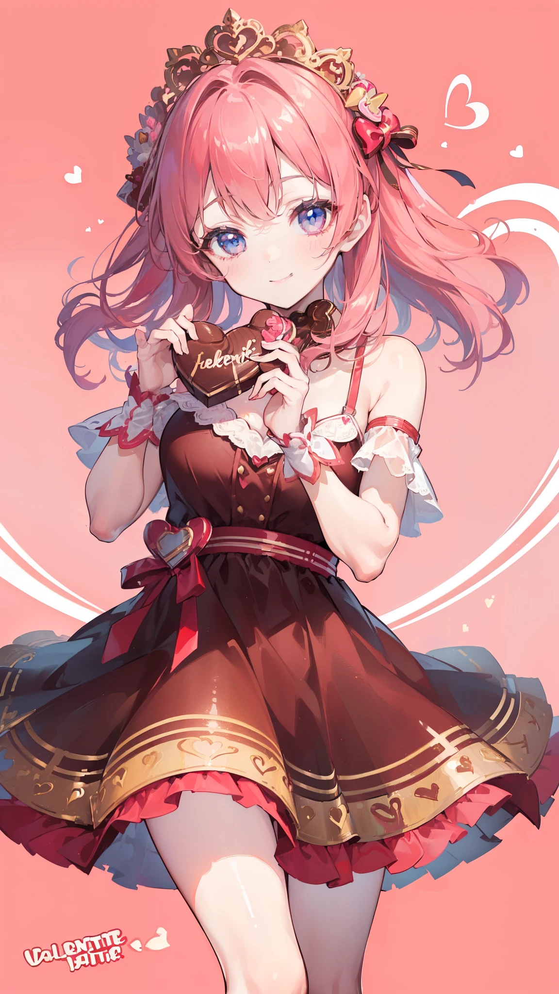 (((32k))), (16k), (8k), (4k), (((32k heart background))), (((Pretty girl))), (((cute girl))), (beautiful quality eyes), (cute smile), (((dress))), (((valentine))), ((holding heart chocolate)), 