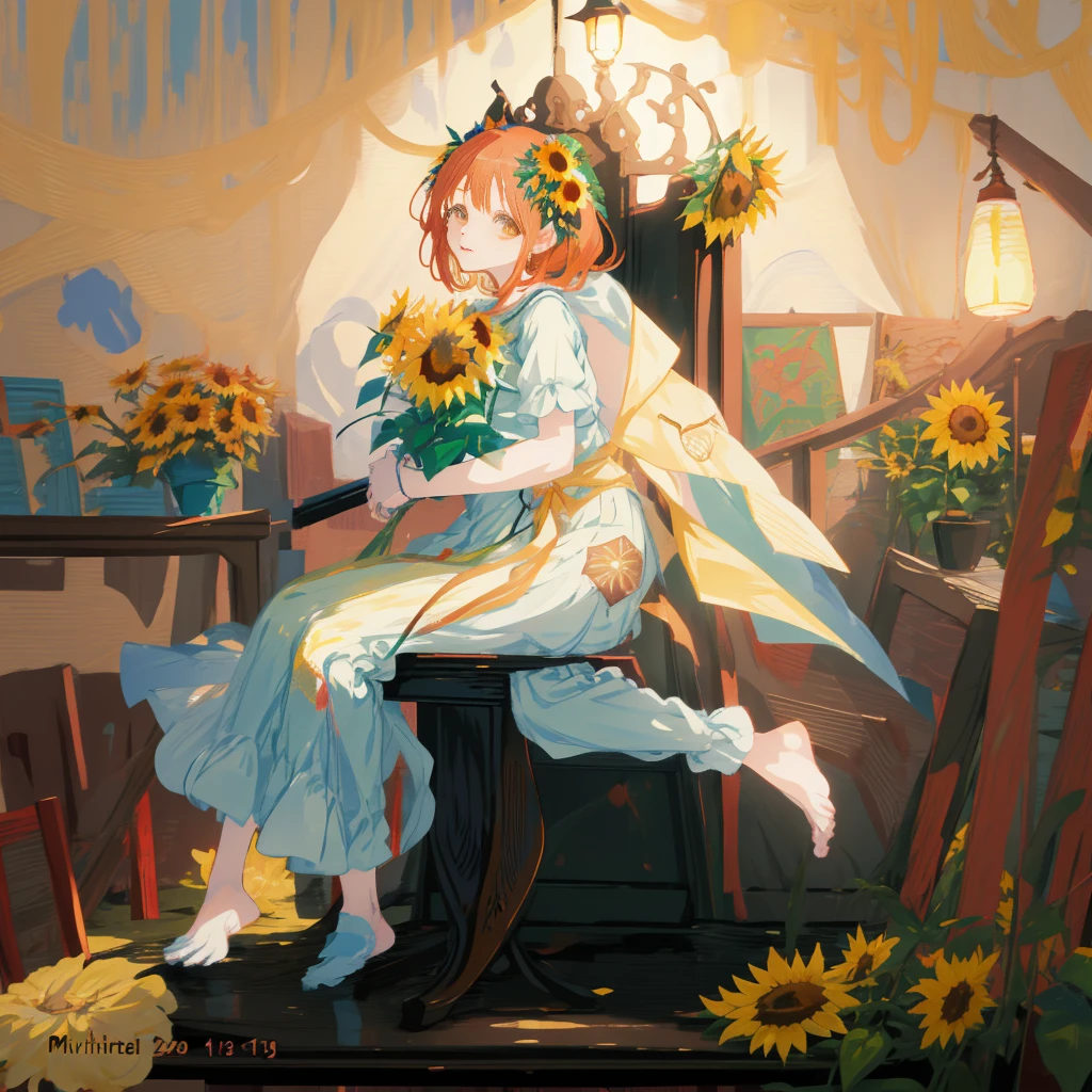anime girl sitting on a table with flowers and a lamp, made with anime painter studio, sitting with flowers, painted in anime painter studio, anime visual of a cute girl, rin, official art, anime moe artstyle, high quality portrait, female protagonist 👀 :8, beautiful sunflower anime girl, marin kitagawa fanart, young anime girl, smooth anime cg art