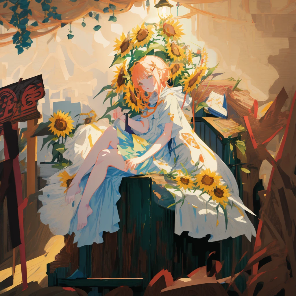 anime girl sitting on a table with flowers and a lamp, made with anime painter studio, sitting with flowers, painted in anime painter studio, anime visual of a cute girl, rin, official art, anime moe artstyle, high quality portrait, female protagonist 👀 :8, beautiful sunflower anime girl, marin kitagawa fanart, young anime girl, smooth anime cg art