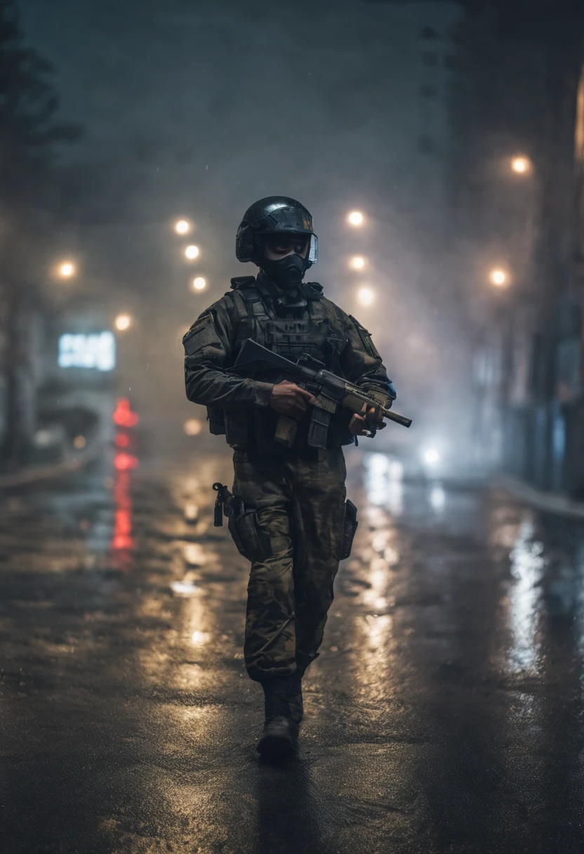 Man in special forces uniform in the middle of the street at night with fog and rainy night