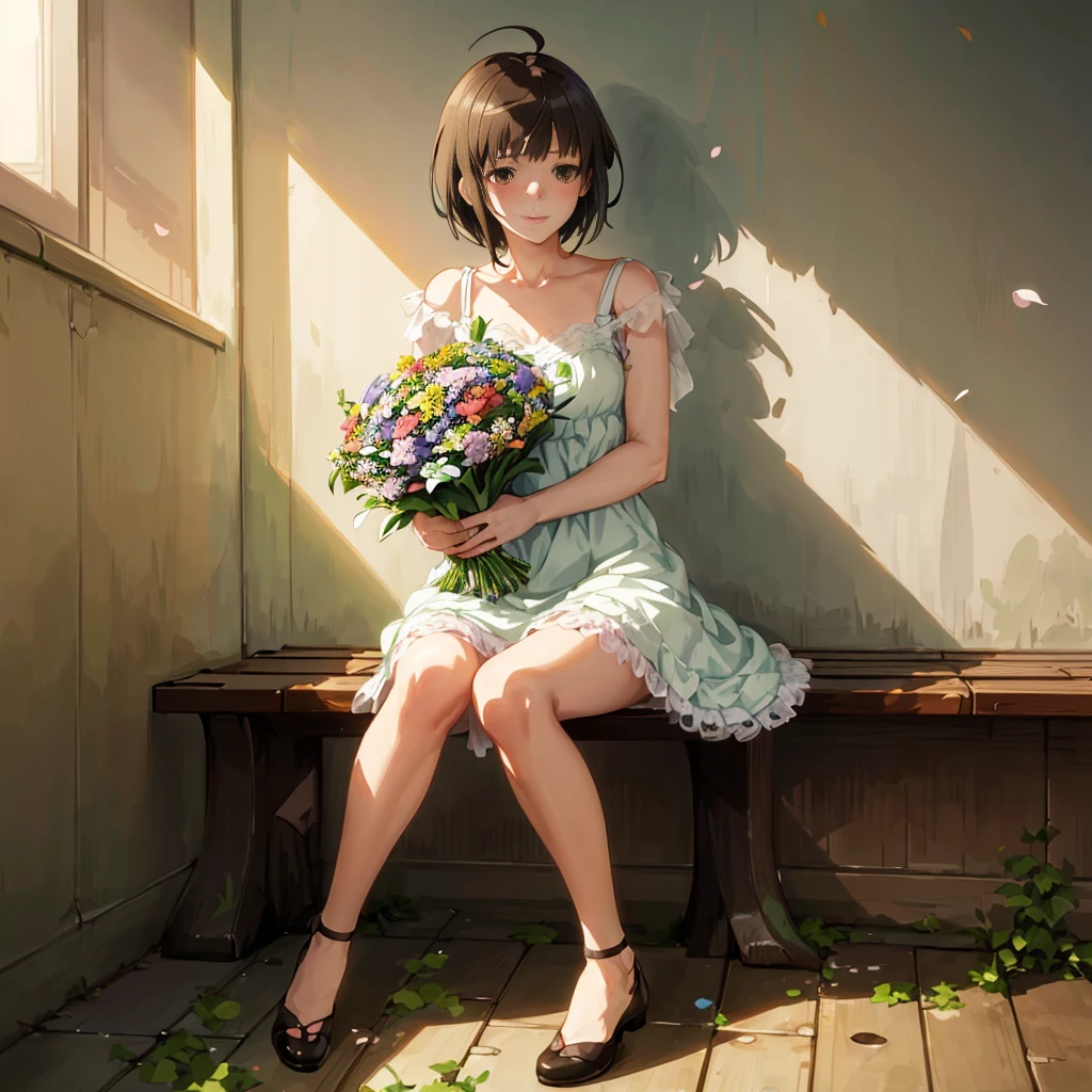 anime girl sitting on a bench with a bouquet of flowers, makoto shinkai. digital render,  in dress, guweiz, anime. soft lighting, anime visual of a cute girl, makoto, romanticism lain, with flowers, sitting with flowers, smooth anime cg art, artwork in the style of guweiz