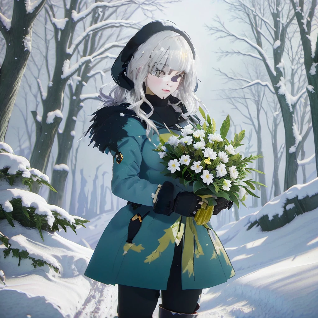 anime girl in blue coat holding a bouquet of flowers in snow, with frozen flowers around her, winter concept art, from girls frontline, guweiz on pixiv artstation, guweiz on artstation pixiv, in the snow, made with anime painter studio, trending on artstation pixiv, artwork in the style of guweiz, heavy winter aesthetics