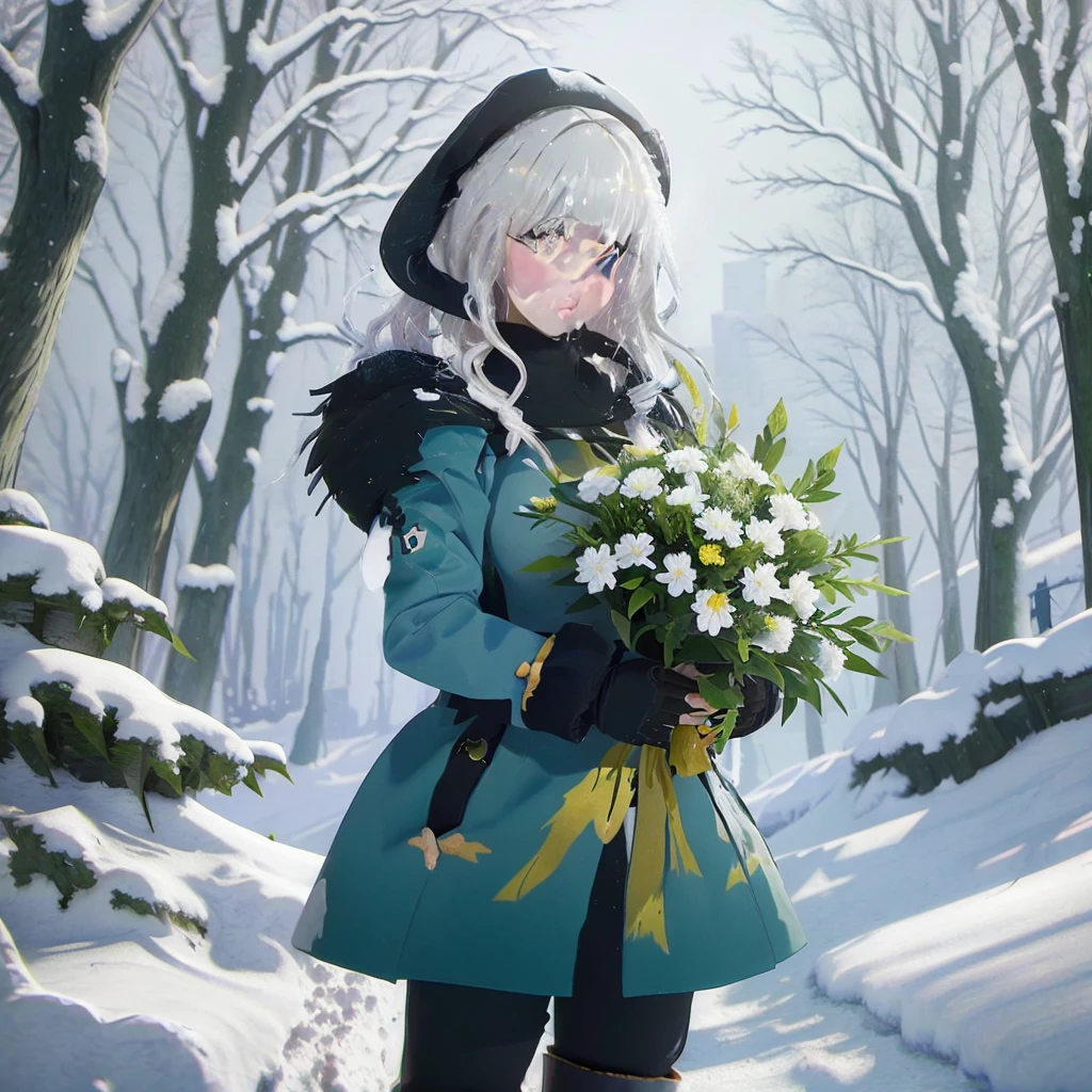 anime girl in blue coat holding a bouquet of flowers in snow, with frozen flowers around her, winter concept art, from girls frontline, guweiz on pixiv artstation, guweiz on artstation pixiv, in the snow, made with anime painter studio, trending on artstation pixiv, artwork in the style of guweiz, heavy winter aesthetics