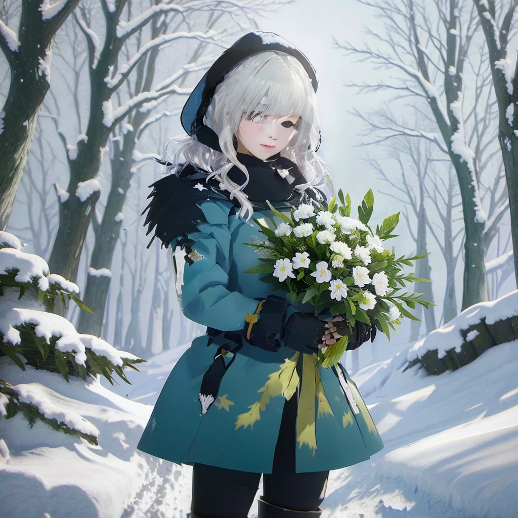 anime girl in blue coat holding a bouquet of flowers in snow, with frozen flowers around her, winter concept art, from girls frontline, guweiz on pixiv artstation, guweiz on artstation pixiv, in the snow, made with anime painter studio, trending on artstation pixiv, artwork in the style of guweiz, heavy winter aesthetics