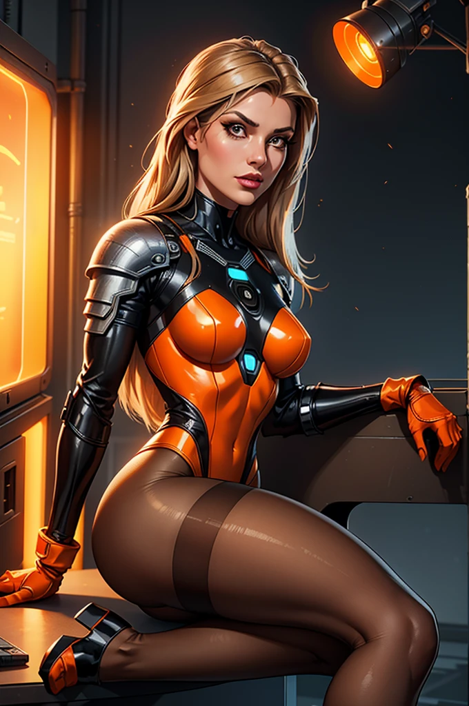 (best quality,8k:1.2,high resolution:1.2),ultra-detalhado,Realistic,retro science fiction female,static pose,long hair,rosto extremamente detalhados,long eyelashes,metalic queen borg armor over all sheer brown Collant de nylon Apertado,all light orange pantyhose, beige gloves,orange Glossy metalic accessories,Physically-based rendering,foco nítido,studio lighting