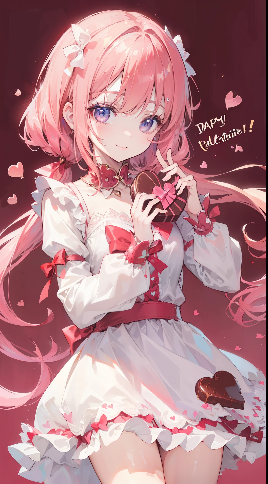 (((32k))), (16k), (8k), (4k), (((32k heart background))), (((Pretty girl))), (((cute girl))), (beautiful quality eyes), (cute smile), (((dress))), (valentine), ((holding heart chocolate)),