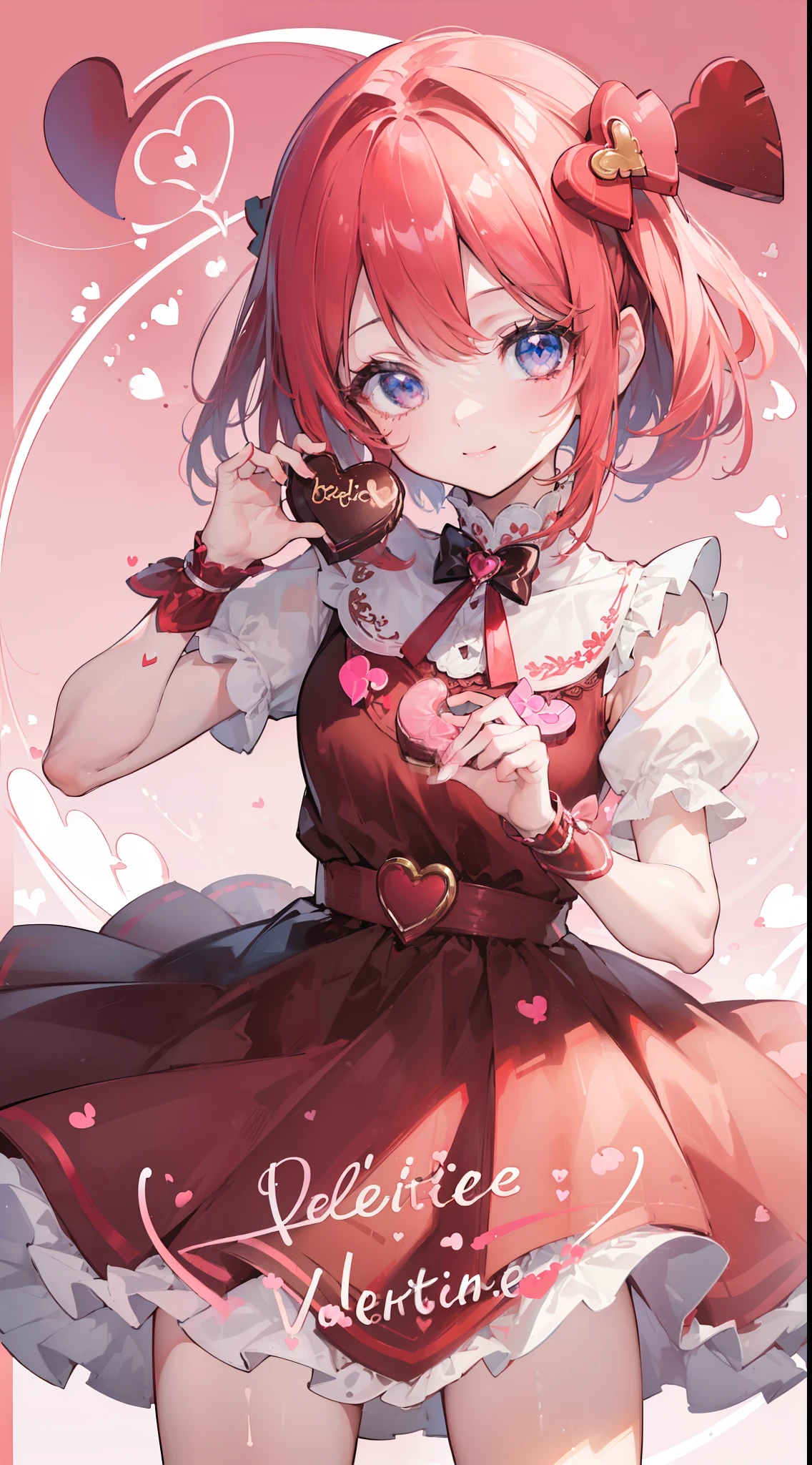 (((32k))), (16k), (8k), (4k), (((32k heart background))), (((Pretty girl))), (((cute girl))), (beautiful quality eyes), (cute smile), (((dress))), (((valentine))), ((holding heart chocolate)), 