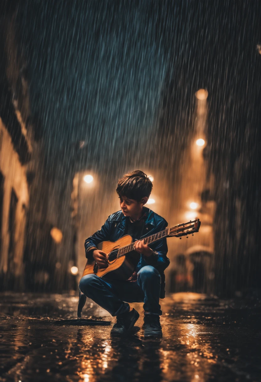 Boy in the middle of the rainy night with guitar