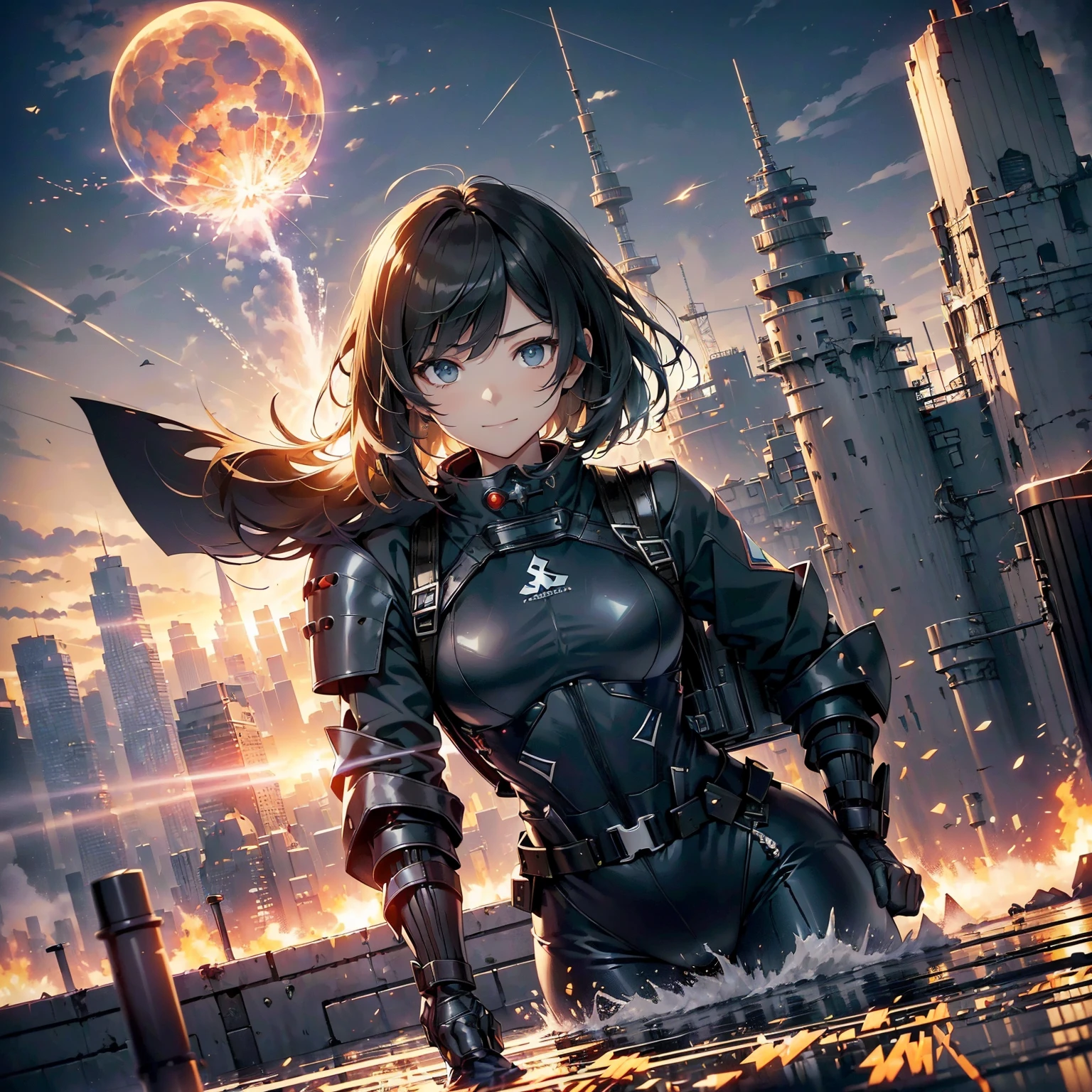 (highest quality，T Masterpiece，final solution，whole body):(24 year old female fighter，Slender、small face、Black Super Short Hair、Shiny black tight combat uniform，Glossy tight suit，dynamic angle、dynamic action、(dynamic pose:1.2)、normal posture，normal posture、Gentle smile、(Backpack:1.1))、(Time Machine、Computer、skyscraper gun、weapons of the future、Real World、Plankton rattle field、volumetric fog、gray fog、cigarette、 explosion、apocalyptic、destroyed city background、burning building:1.3、splash of water、starry ski、huge moon、Earth、destroyed giant robot、radio tower、airplane flying overhead、shooting star rocket truck、broken car、derailed train、tank、giant weapon、electronic equipment、Luminous mechanism、strong wind、bao phan、thunder、light、halo)
