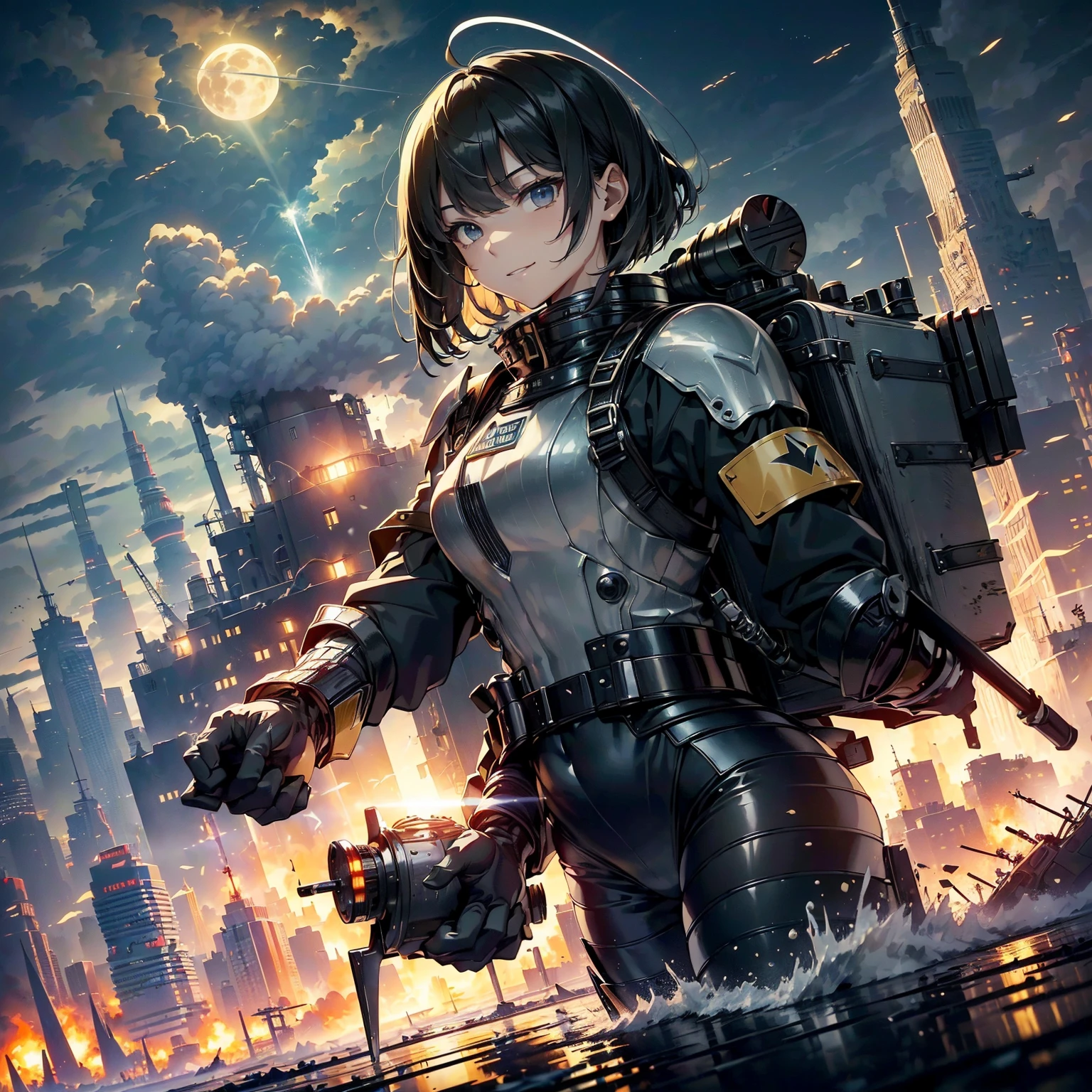 (highest quality，T Masterpiece，final solution，whole body):(24 year old female fighter，Slender、small face、Black Super Short Hair、Shiny black tight combat uniform，Glossy tight suit，dynamic angle、dynamic action、(dynamic pose:1.2)、normal posture，normal posture、Gentle smile、(Backpack:1.1))、(Time Machine、Computer、skyscraper gun、weapons of the future、Real World、Plankton rattle field、volumetric fog、gray fog、cigarette、 explosion、apocalyptic、destroyed city background、burning building:1.3、splash of water、starry ski、huge moon、Earth、destroyed giant robot、radio tower、airplane flying overhead、shooting star rocket truck、broken car、derailed train、tank、giant weapon、electronic equipment、Luminous mechanism、strong wind、bao phan、thunder、light、halo)