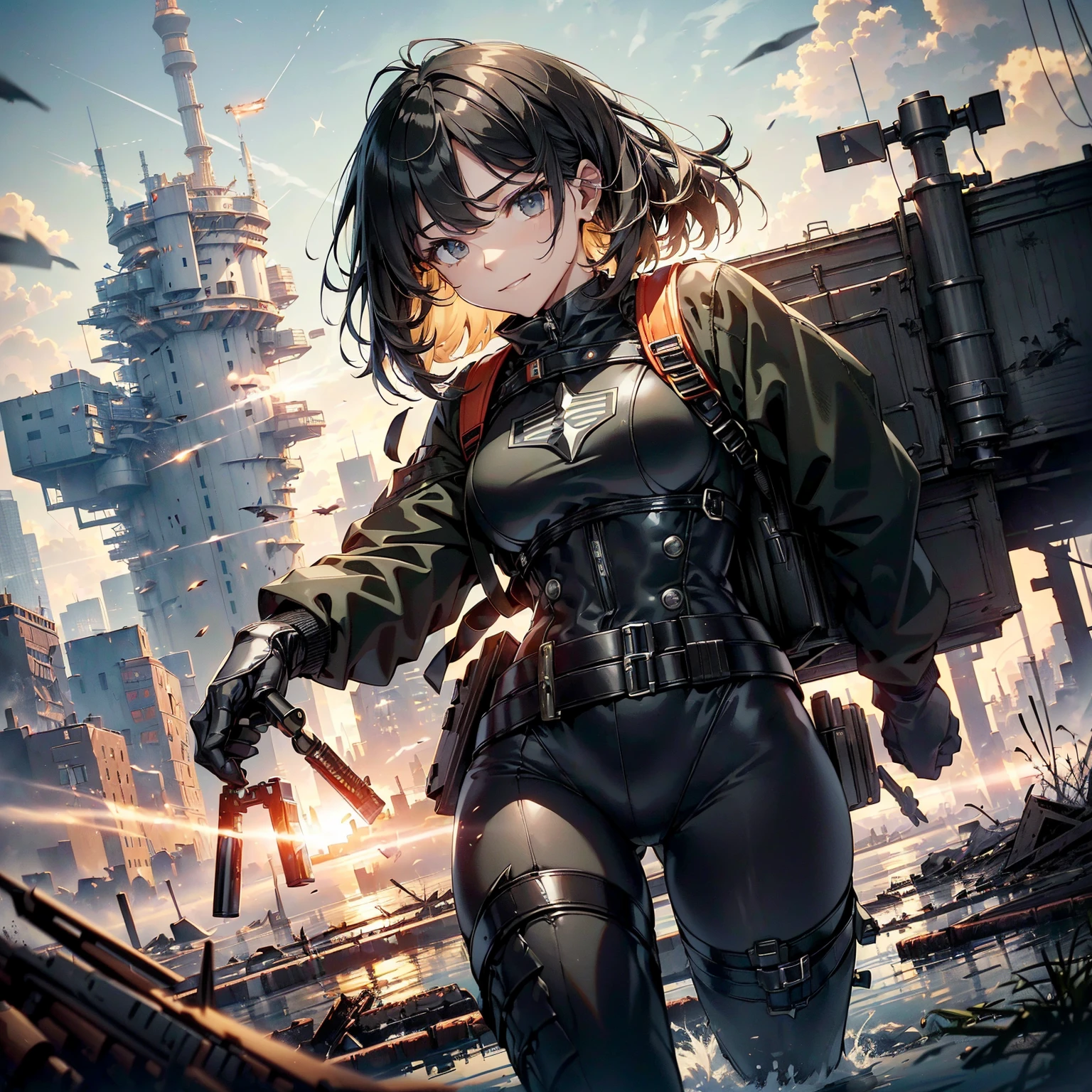 (highest quality，T Masterpiece，final solution，whole body):(24 year old female fighter，Slender、small face、Black Super Short Hair、Shiny black tight combat uniform，Glossy tight suit，dynamic angle、dynamic action、(dynamic pose:1.2)、normal posture，normal posture、Gentle smile、(Backpack:1.1))、(Time Machine、Computer、skyscraper gun、weapons of the future、Real World、Plankton rattle field、volumetric fog、gray fog、cigarette、 explosion、apocalyptic、destroyed city background、burning building:1.3、splash of water、starry ski、huge moon、Earth、destroyed giant robot、radio tower、airplane flying overhead、shooting star rocket truck、broken car、derailed train、tank、giant weapon、electronic equipment、Luminous mechanism、strong wind、bao phan、thunder、light、halo)
