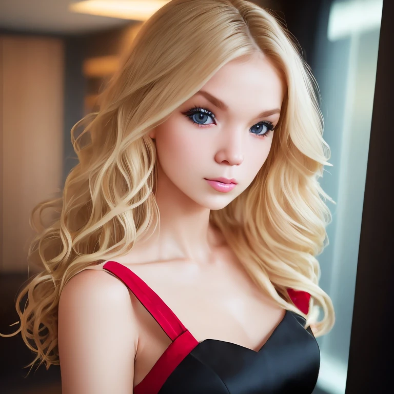 1girl, Photo of 21 year old girl, (blond hair with extra long wavy), ((portrait)), (Detailed face: 1.2)), (Detailed facial features)), (Fine skin), pale skin, high detail and deep cleavage, slim body, (cold color), reflection, (masterpiece) (Perfect proportions) (realistic photos) (highest quality), shot with Canon EOS R5, 50mm lens, f/2.8, HDR, (8k) (wallpaper) (movie lighting) (dramatic lighting) (sharp focus) (complex), (short black flared dress), 