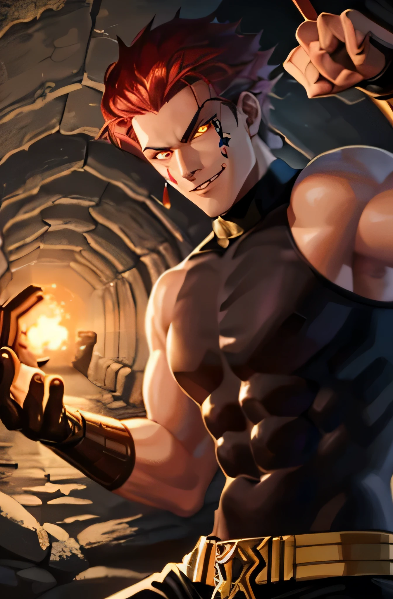 a young man, golden eyes, strong physique, ((evil smile)), background inside a cave with several bandits, murderous look, masterpiece, play of shadow and light, 8k, 32k