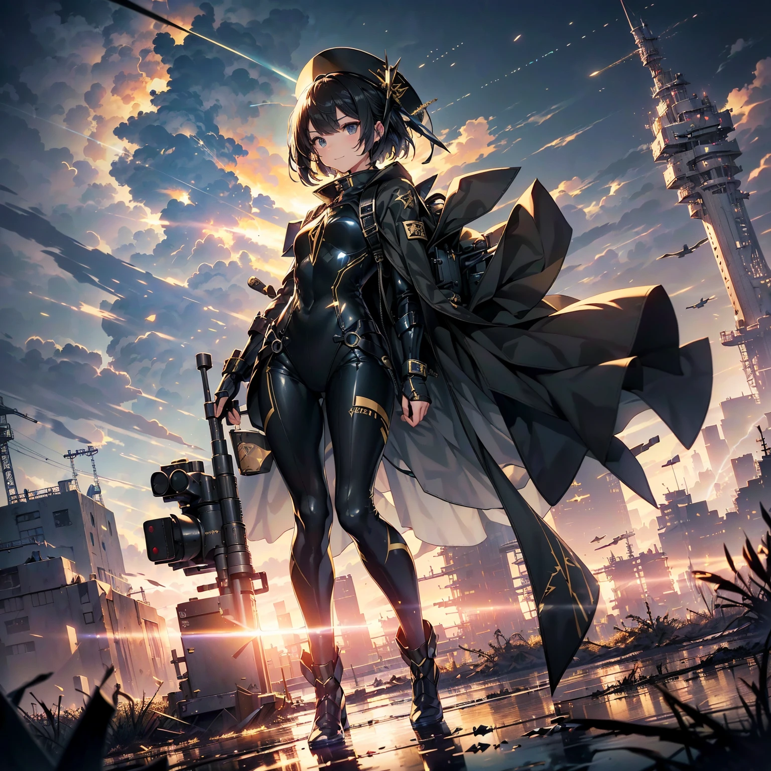 (highest quality,T Masterpiece,final solution,whole body、album):(24 year old female fighter,Slender、small face、Black Super Short Hair、Shiny black tight combat uniform,Glossy tight suit,dynamic angle、dynamic action、(dynamic pose:1.2)、normal posture,normal posture、Gentle smile、(Backpack:1.1))、(Time Machine、Computer、skyscraper gun、weapons of the future、Real World、Plankton rattle field、volumetric fog、gray fog、cigarette、 explosion、apocalyptic、destroyed city background、burning building:1.3、splash of water、starry ski、huge moon、Earth、destroyed giant robot、radio tower、airplane flying overhead、shooting star rocket truck、broken car、derailed train、tank、giant weapon、electronic equipment、Luminous mechanism、strong wind、bao phan、thunder、light、halo)