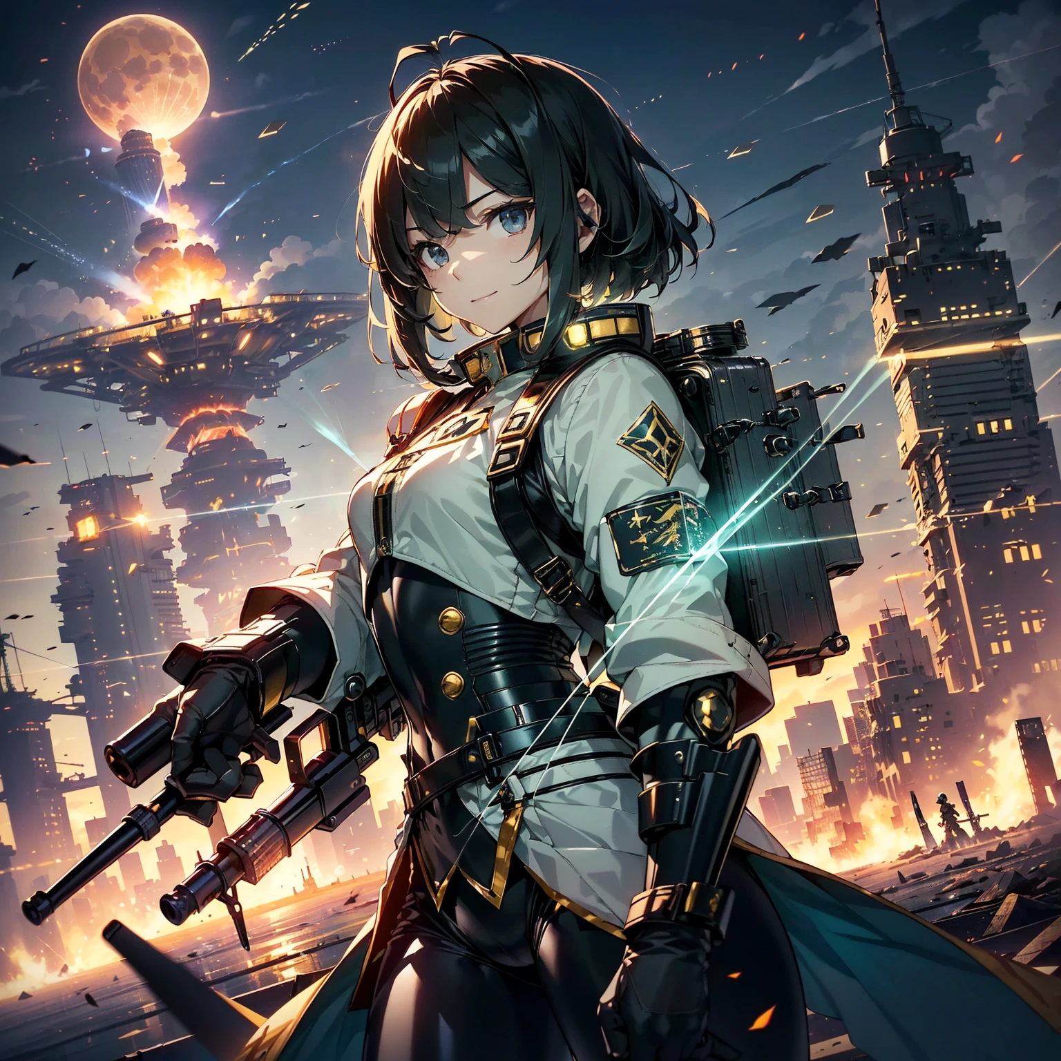 (highest quality，T Masterpiece，final solution，whole body、album):(24 year old female fighter，Slender、small face、Black Super Short Hair、Shiny black tight combat uniform，Glossy tight suit，dynamic angle、dynamic action、(dynamic pose:1.2)、normal posture，normal posture、Gentle smile、(Backpack:1.1))、(Time Machine、Computer、skyscraper gun、weapons of the future、Real World、Plankton rattle field、volumetric fog、gray fog、cigarette、 explosion、apocalyptic、destroyed city background、burning building:1.3、splash of water、starry ski、huge moon、Earth、destroyed giant robot、radio tower、airplane flying overhead、shooting star rocket truck、broken car、derailed train、tank、giant weapon、electronic equipment、Luminous mechanism、strong wind、bao phan、thunder、light、halo)