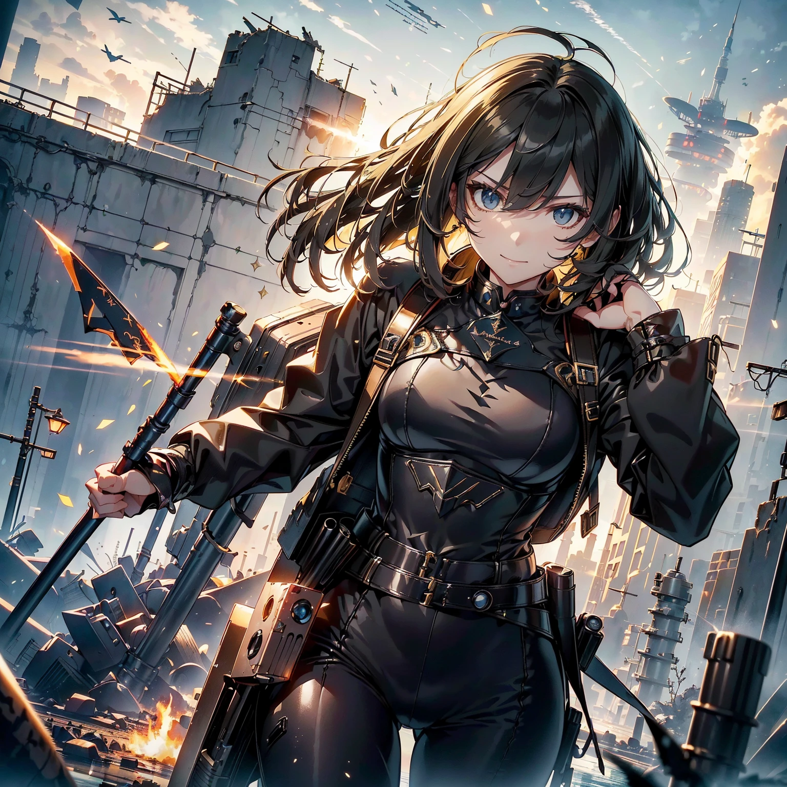 (highest quality，T Masterpiece，final solution，whole body、album):(24 year old female fighter，Slender、small face、Black Super Short Hair、Shiny black tight combat uniform，Glossy tight suit，dynamic angle、dynamic action、(dynamic pose:1.2)、normal posture，normal posture、Gentle smile、(Backpack:1.1))、(Time Machine、Computer、skyscraper gun、weapons of the future、Real World、Plankton rattle field、volumetric fog、gray fog、cigarette、 explosion、apocalyptic、destroyed city background、burning building:1.3、splash of water、starry ski、huge moon、Earth、destroyed giant robot、radio tower、airplane flying overhead、shooting star rocket truck、broken car、derailed train、tank、giant weapon、electronic equipment、Luminous mechanism、strong wind、bao phan、thunder、light、halo)