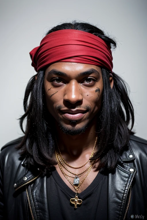 Professional portrait, black man, pirate wrinkled face, scar on face, evil smile, rotten teeth, tanned skin, black bandana, black background, eye contact, looking at viewer, masterpiece, best quality, perfect detail, perfect face detail, perfect detail  eye, perfect skin detail, depth of field, perfect lighting