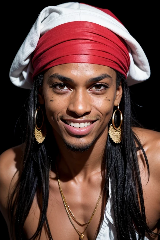 Professional portrait, black man, pirate wrinkled face, scar on face, evil smile, rotten teeth, tanned skin, black bandana, black background, eye contact, looking at viewer, masterpiece, best quality, perfect detail, perfect face detail, perfect detail eye, perfect skin detail, depth of field, perfect lighting