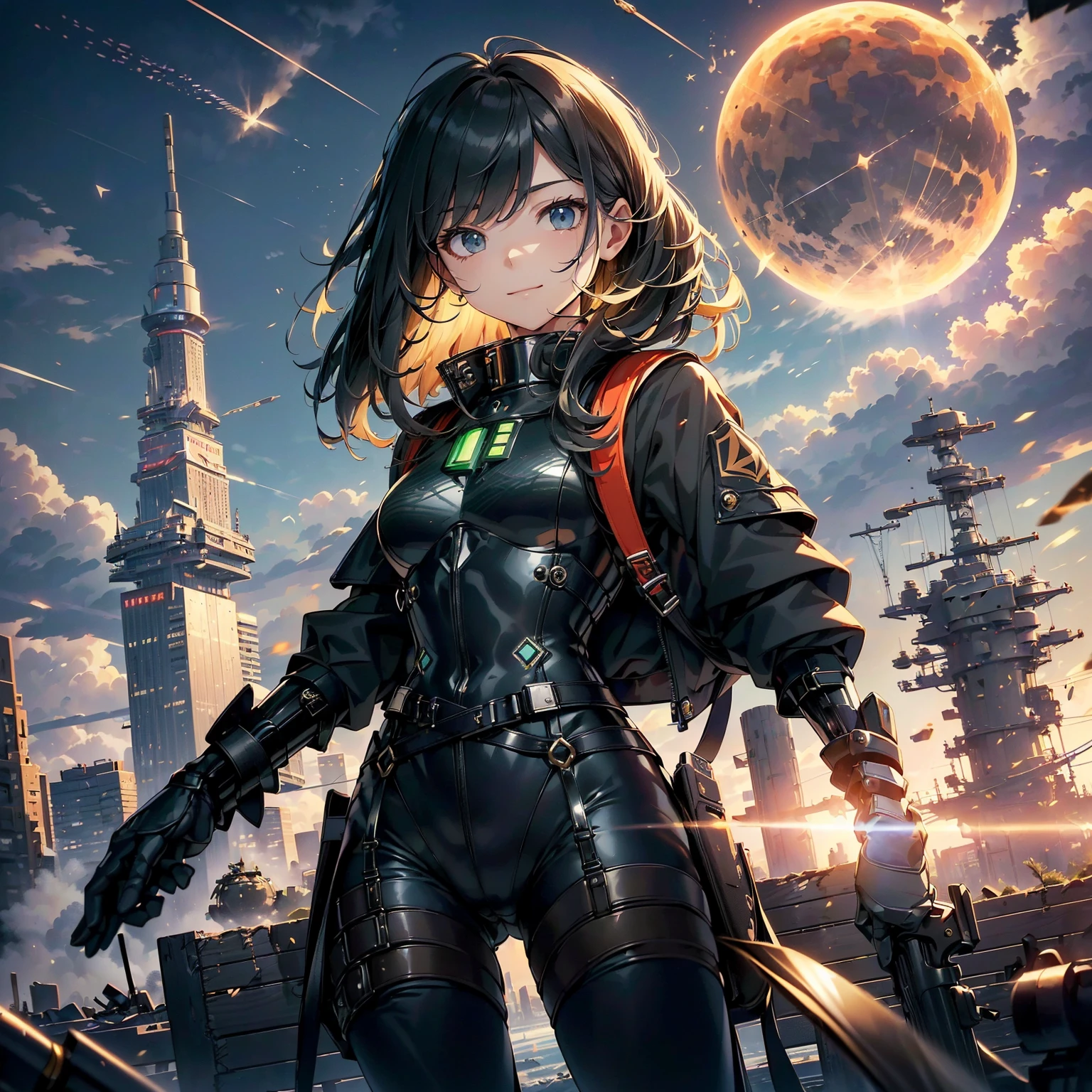 (highest quality,T Masterpiece,final solution,whole body、album):(18 year old female fighter,Slender、small face、cute、Black Super Short Hair、Shiny black tight combat uniform,Glossy tight suit,dynamic angle、dynamic action、(dynamic pose:1.2)、normal posture,normal posture、Gentle smile、(Backpack:1.1))、(Time Machine、Computer、skyscraper gun、weapons of the future、Real World、Plankton rattle field、volumetric fog、gray fog、cigarette、 explosion、apocalyptic、destroyed city background、burning building:1.3、splash of water、starry ski、huge moon、Earth、destroyed giant robot、radio tower、airplane flying overhead、shooting star rocket truck、broken car、derailed train、tank、giant weapon、electronic equipment、Luminous mechanism、strong wind、bao phan、thunder、light、halo)