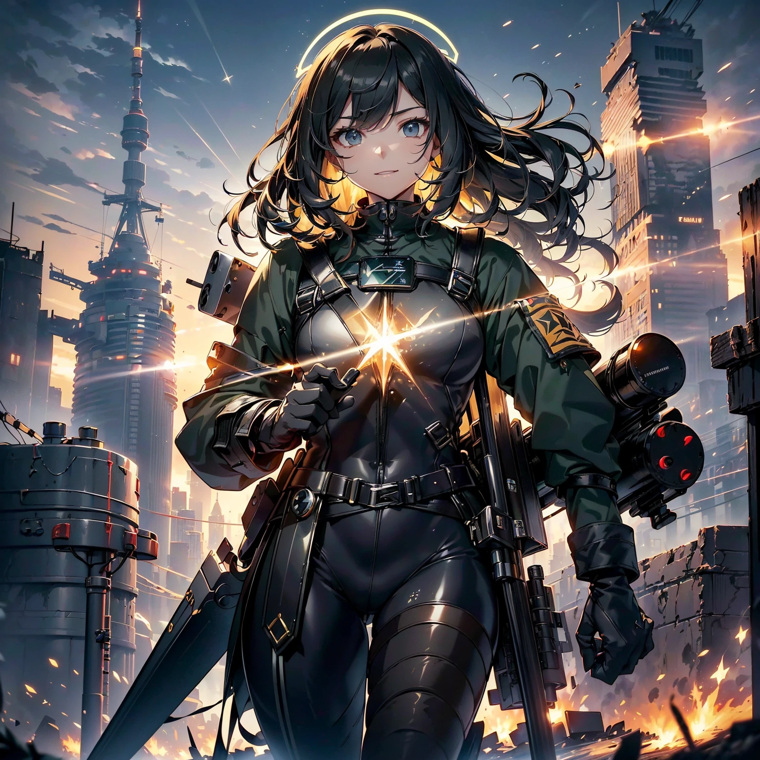 (highest quality，T Masterpiece，final solution，whole body、album):(18 year old female fighter，Slender、small face、cute、Black Super Short Hair、Shiny black tight combat uniform，Glossy tight suit，dynamic angle、dynamic action、(dynamic pose:1.2)、normal posture，normal posture、Gentle smile、(Backpack:1.1))、(Time Machine、Computer、skyscraper gun、weapons of the future、Real World、Plankton rattle field、volumetric fog、gray fog、cigarette、 explosion、apocalyptic、destroyed city background、burning building:1.3、splash of water、starry ski、huge moon、Earth、destroyed giant robot、radio tower、airplane flying overhead、shooting star rocket truck、broken car、derailed train、tank、giant weapon、electronic equipment、Luminous mechanism、strong wind、bao phan、thunder、light、halo)