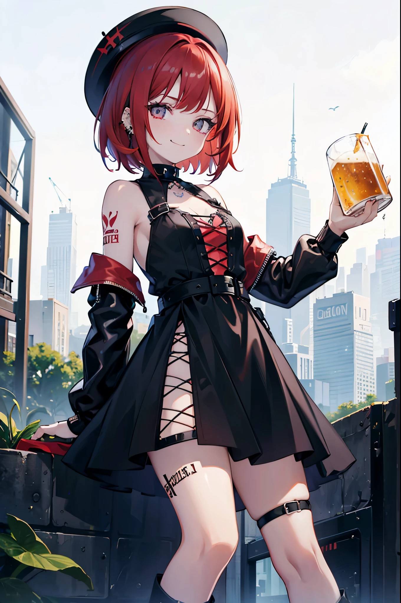 young girl, red hair, 18 years old, small breasts, small biotype, bob hair, tattoed arms, black tattos, piercings in face, , black dress, black letter dress, short dress, punk dress, wearing fishnet stockings, black boots, smiling, looking at viewer, holding beer cup, 4k, masterpiece
