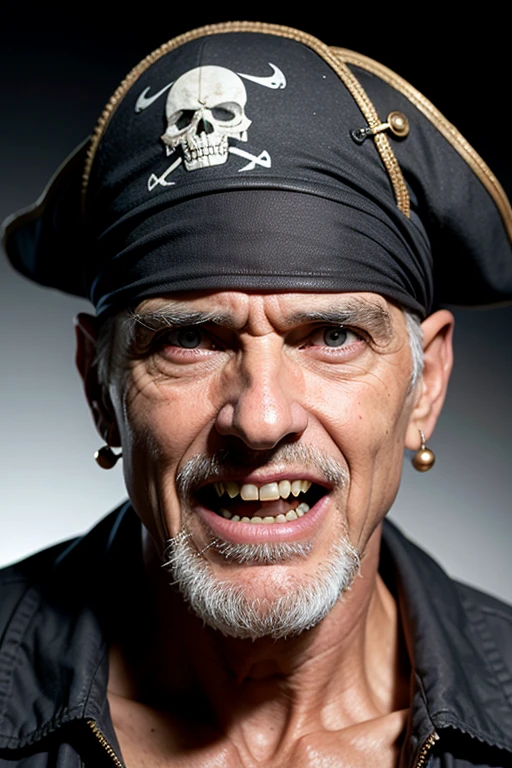 Professional portrait, old man, old pirate, thin face, eye patch, wrinkled face, one-eyed, scar on face, evil smile, rotten teeth, tanned skin, old pirate hat, black background, eye contact, looking at viewer, masterpiece, best  quality, perfect detail, perfect face detail, perfect eye detail, perfect skin detail, depth of field, perfect lighting