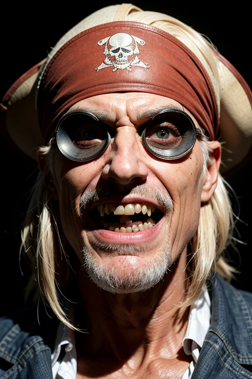 Professional portrait, old man, old pirate, thin face, eye patch, wrinkled face, one-eyed, scar on face, evil smile, rotten teeth, tanned skin, old pirate hat, black background, eye contact, looking at viewer, masterpiece, best  quality, perfect detail, perfect face detail, perfect eye detail, perfect skin detail, depth of field, perfect lighting