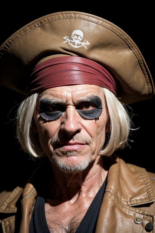 Professional portrait, old man, old pirate, thin face, eye patch, wrinkled face, one-eyed, scar on face, evil smile, rotten teeth, tanned skin, old pirate hat, black background, eye contact, looking at viewer, masterpiece, best  quality, perfect detail, perfect face detail, perfect eye detail, perfect skin detail, depth of field, perfect lighting